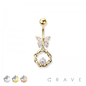 GEM PAVED BUTTERFLY 316L SURGICAL STEEL CZ CENTERED LOOP DANGLE NAVEL RING